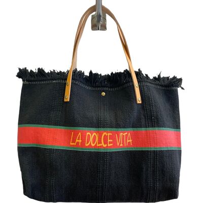 Sac dolce vita Sac bohème Sac de plage , cabas été , sac paille - Noir