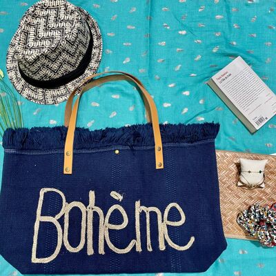 Sac bohème ,Sac de plage , sac cabas été , sac paille, sac été - Marine