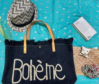 Sac bohème ,Sac de plage , sac cabas été , sac paille, sac été - Noir 1