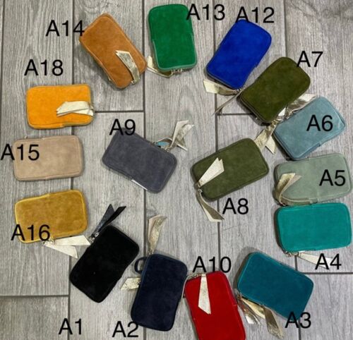 Pochette en daim Glitter en cuir 3 format ,idée cadeau , pochette téléphone , sac bandoulière, - A7 bleu canard
