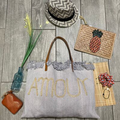 Sac amour ,Sac de plage  , sac cabas été , sac paille, sac été - Gris