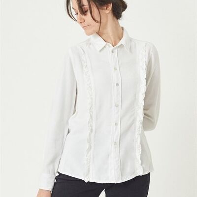 DONNA - Regular Fit Tencel Longsleeve Friil Shirt - White