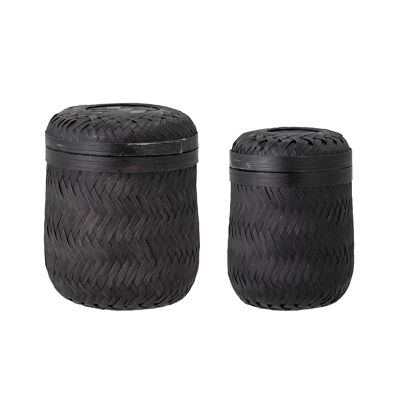 Jun Basket w/Lid, Black, Bamboo - (D9xH13/D11,5xH15 cm, Set of 2)