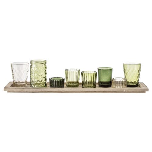 Sanga Tray w/Votive, Green, Glass - (L50xH11xW14 cm, Set of 9)
