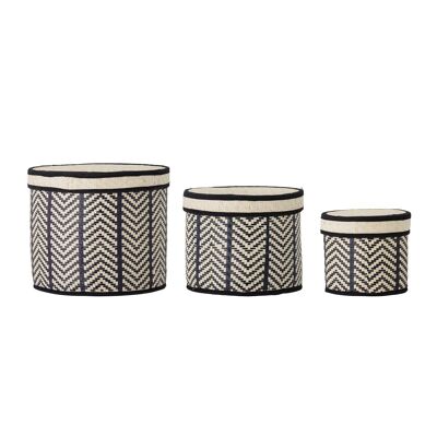 Islim Basket w/Lid, Black, Palm leaf - (D18xH16/D25xH20/D30xH25 cm, Set of 3)