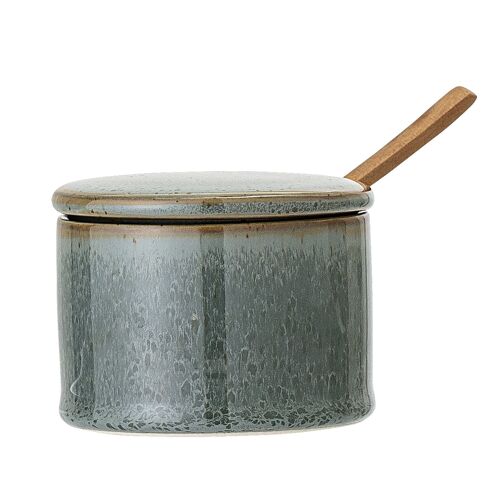 Pixie Jar w/Lid & Spoon, Green, Stoneware - (D7,5xH6 cm)