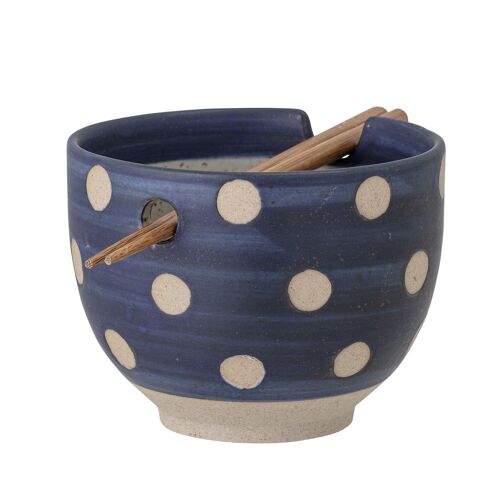 Masami Bowl w/Chopsticks, Blue, Stoneware - (D13xH10 cm, Set)