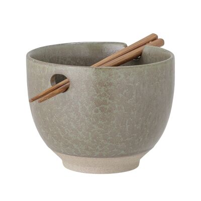 Masami Bowl w/Chopsticks, Green, Stoneware - (D13xH10 cm, Set)