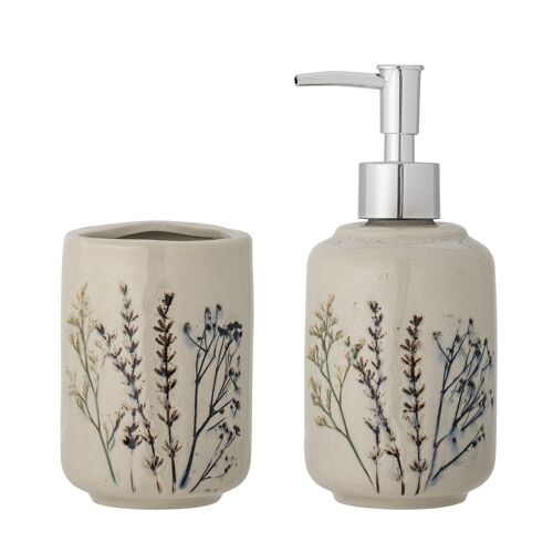 Bea Soap Dispenser Set, Nature, Stoneware - (D8xH11 / D8xW18 cm, Set of 2)