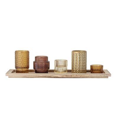 Sanga Tray w/Votive, Brown, Glass - (L43xH10,5xW12,5 cm, Set of 6)