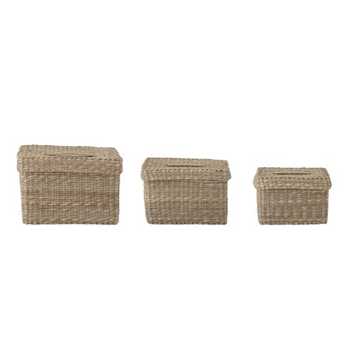 Givan Basket w/Lid, Nature, Seagrass - (L34/37/40,5xW19/22/25,5xH12/14/15,5 cm, Set of 3)
