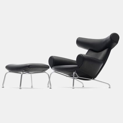 Hans Wegner OX Chair And Ottoman, Black Premium Leather - Yes