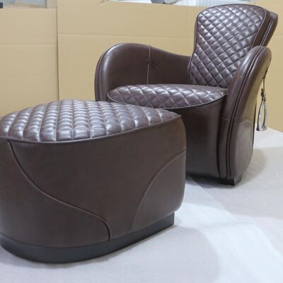 Timothy Oulton Saddle Chair And Footstool Replica, Loft Style, Distressed Leather - Dark Brown