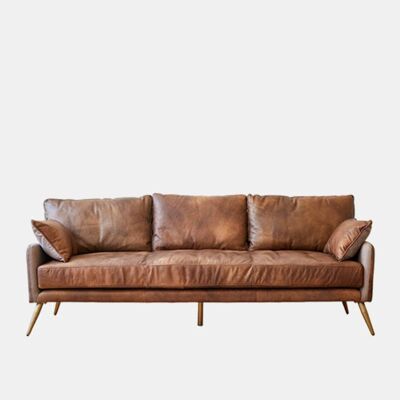 Luna Three Seaters Sofa, Italian Genuine Leather - Dark Tan - Three Seater Sofa (240cm)