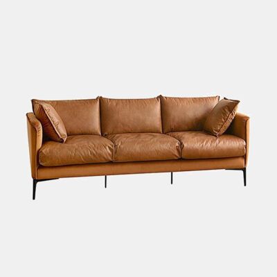 Jarrod Three Seater Sofa, Real Leather + Velvet - Orange - 3 Seater (233cm)
