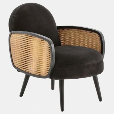 Cane Rattan Armchair, Velvet - Black - Two Seater