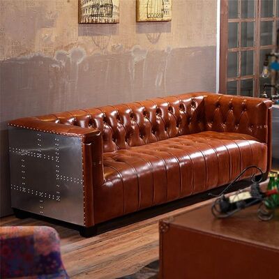 Aviator Three Seater Sofa, Real Leather And Aluminium - Brown