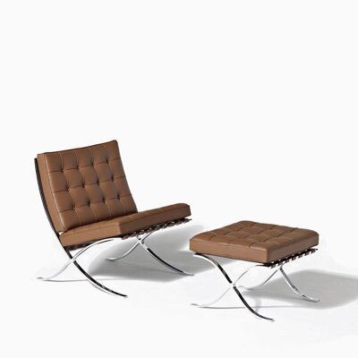 Barcelona Chair And Footstool, Brown Leather - PU Leather