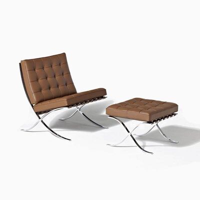 Barcelona Chair And Footstool, Brown Leather - Italian Genuine Leather
