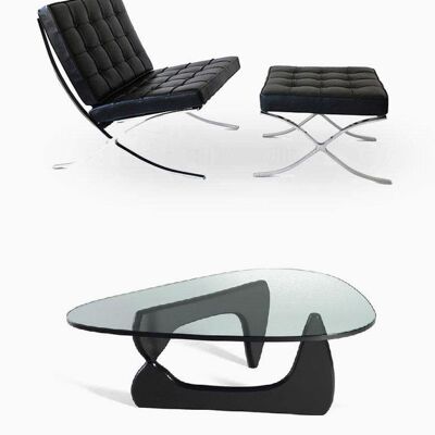 Barcelona Chair + Noguchi Coffee Table BLACK LEATHER