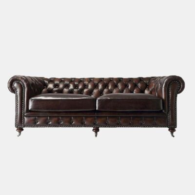 Chesterfield Two Seater Sofa, Drak Brown Real Leather