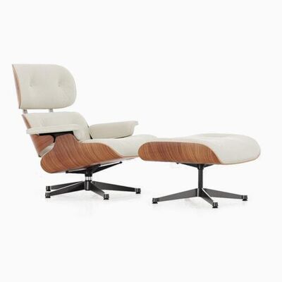 Eames Lounge Chair And Footstool, Walnut/ White/ Black Legs - PU Leather