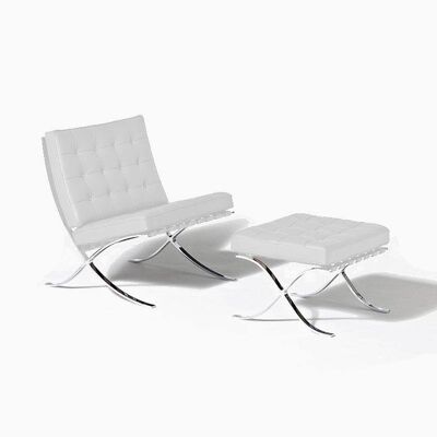Barcelona Chair And Footstool, White Leather - Italian genuine Leather