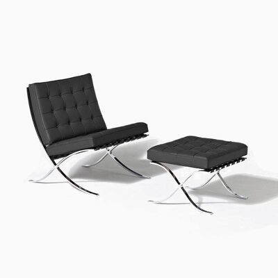 Barcelona Chair And Footstool, Black Leather - PU Leather