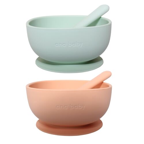 ana baby Silicone Suction Bowl and Spoon Matching 2 Pack Set in Light Green and Peach, BPA free, Dishwasher, Microwave and Freezer Safe. (AB-S100)