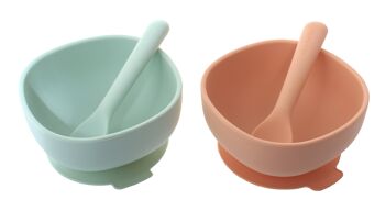 Lot de 2 bols et cuillères à ventouse en silicone ana baby vert clair et pêche, sans BPA, passe au lave-vaisselle, au micro-ondes et au congélateur. (AB-S100) 5