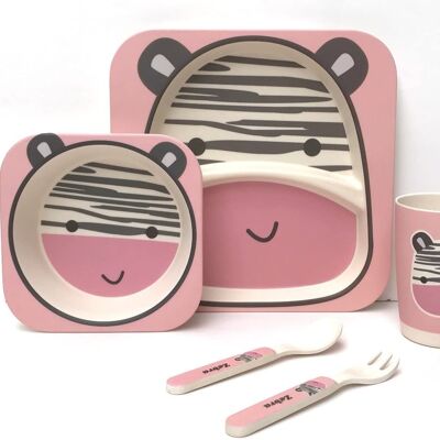 Ensemble de vaisselle en bambou 5 pièces pour enfants, écologique, passe au lave-vaisselle (Zebra) (BDS030)