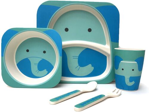 Children's 5 Piece Bamboo Dinner Set, Eco-Friendly, Dishwasher Safe (Elephant) (BDS020)
