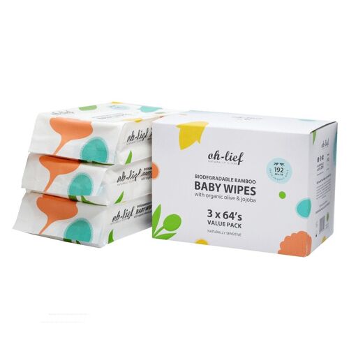 Oh-Lief Biodegradable Bamboo Baby Wipes 192's (3 packs of 64's)