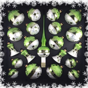 Ensemble de 21 boules - laque glacée 2 couleurs blanc / vert "étoile"