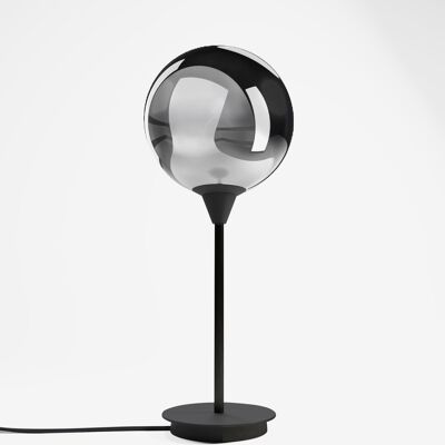Lámpara de mesa de diseño, metal negro y cristal ahumado, Noto