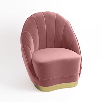 Fauteuil en velours rose vintage, base cerclage doré effet laiton 1