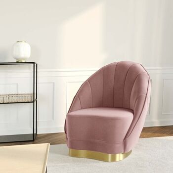 Fauteuil en velours rose vintage, base cerclage doré effet laiton 5