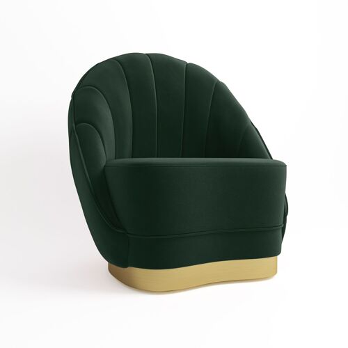 Fauteuil en velours vert sapin, base cerclage doré effet laiton