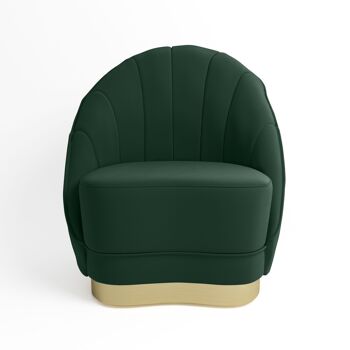 Fauteuil en velours vert sapin, base cerclage doré effet laiton 3