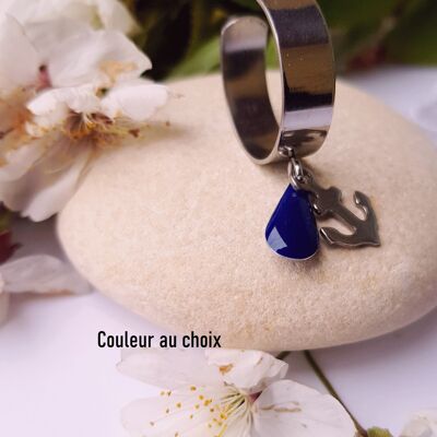 Bague inox personnalisable - sequin goutte colorée et ancre marine