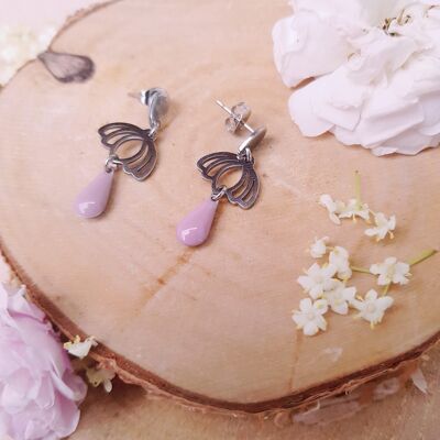Boucles d'oreilles personnalisables - Fleur de lotus argentée et sequin rose
