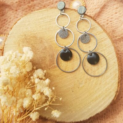 Boucles d'oreilles inox - Cascade anneaux argentés et noirs