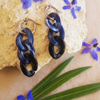 Boucles d'oreilles inox - chaîne maillons bleus, noirs et argentés