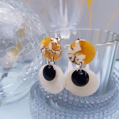 Boucles d'oreilles inox - Clou jaune résine et sequins blanc et noir