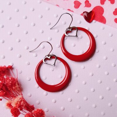 Boucles d'oreilles inox - Créole émaillée rouge et cœur argenté