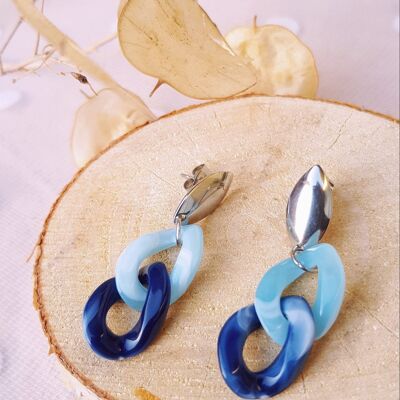 Boucles d'oreilles inox - puces argentées et chaîne maillons bicolore bleu