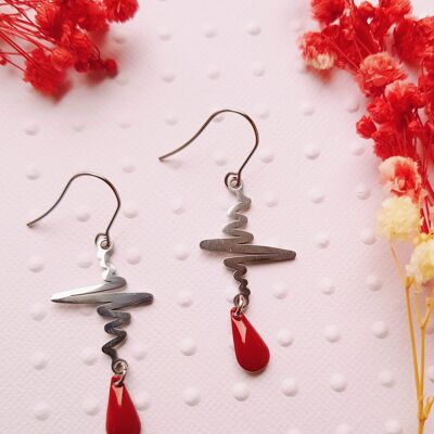 Boucles d'oreilles inox personnalisables - Sequin goutte rouge et battements de cœur argenté