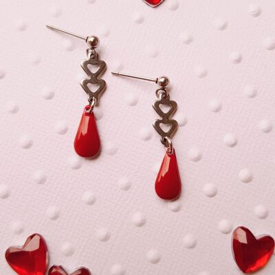 Boucles d'oreilles inox personnalisables - Sequin rouge et cœurs argentés