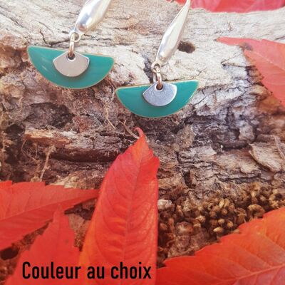 Boucles d'oreilles inox personnalisable - Crochet argenté et sequin demi-cercle vert bleuté