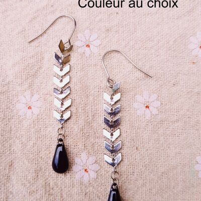 Boucles d'oreilles inox personnalisables - Chaîne épi argentée et sequin émaillé goutte